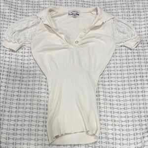 bebe Cream Knit Polo Top with Lace Puff Sleeves